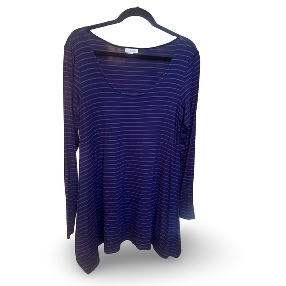 advika Tops - Long Sleeve Tencel Swing Top from advika in Blue-Stripped-XLG